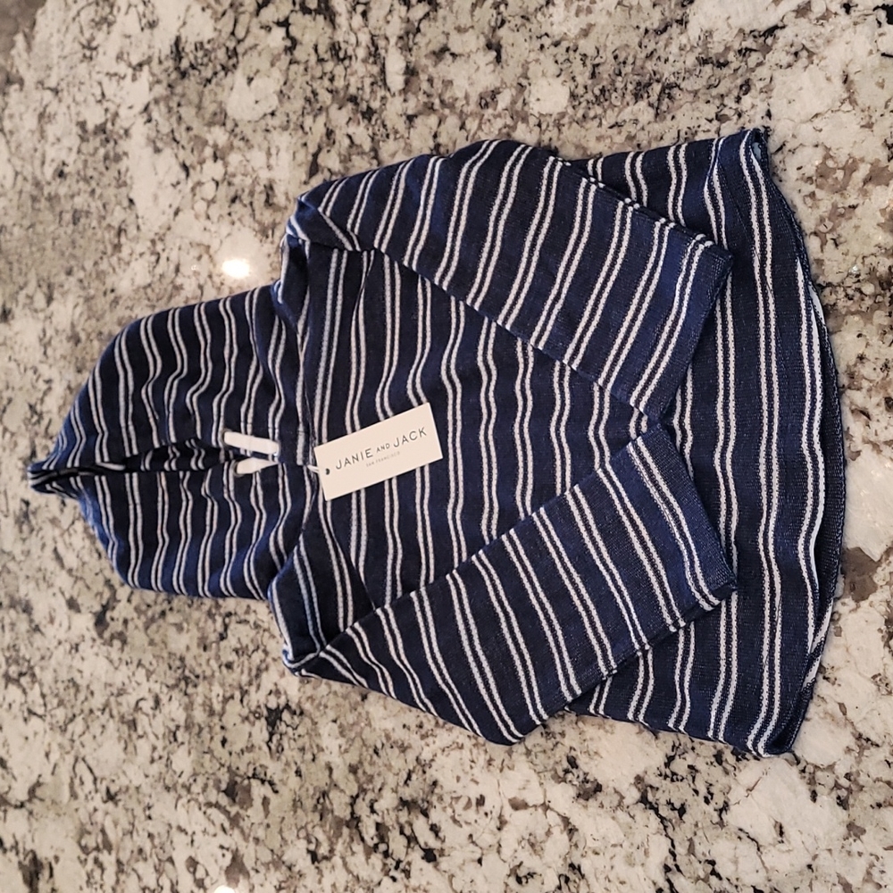 NWT JANIE AND JACK BOYS hooded shirt. Size 18to 24M navy blue and white - Picture 3 of 5